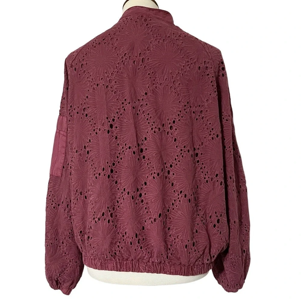 Free People Daisy Jane Eyelet Embroidered Bomber Jacket In Raspberry